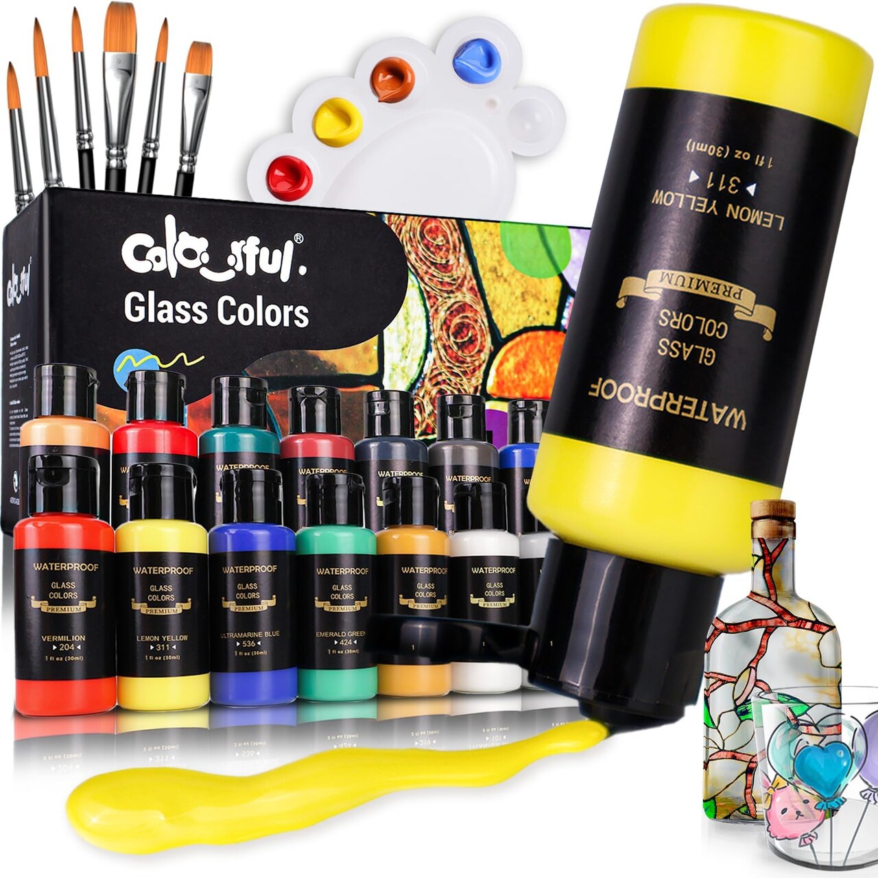 Colorful 14 Colors Stain Glass Paint Set with 6 Brushes, 1 Palette, Waterproof Permanent Glass Painting Kit for Kids to Arts on Wine Glasses,Bottle and Windows